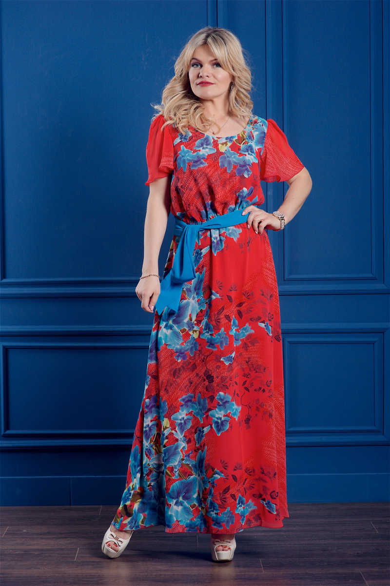 купить длинное летнее платье из шифона красное с синими цветами большого размера