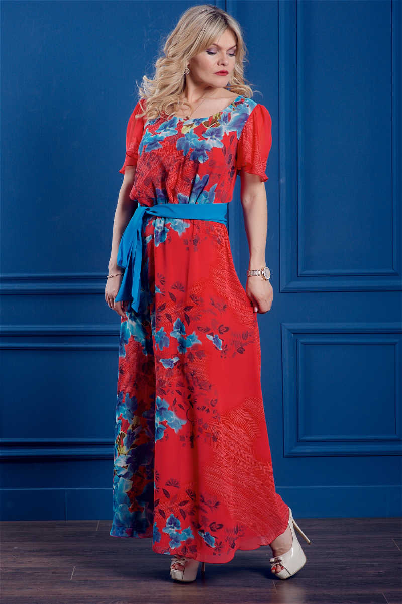 купить длинное летнее платье из шифона красное с синими цветами большого размера