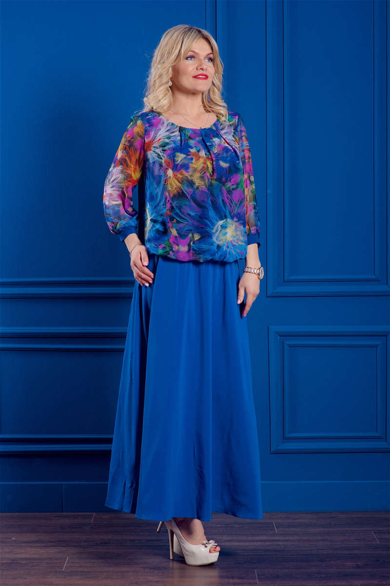 летнее комбинированное платье в пол синего цвета большого размера фото