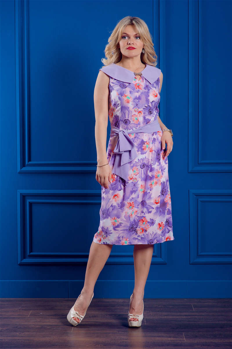купить летнее платье фиолетового цвета с поясом большого размера