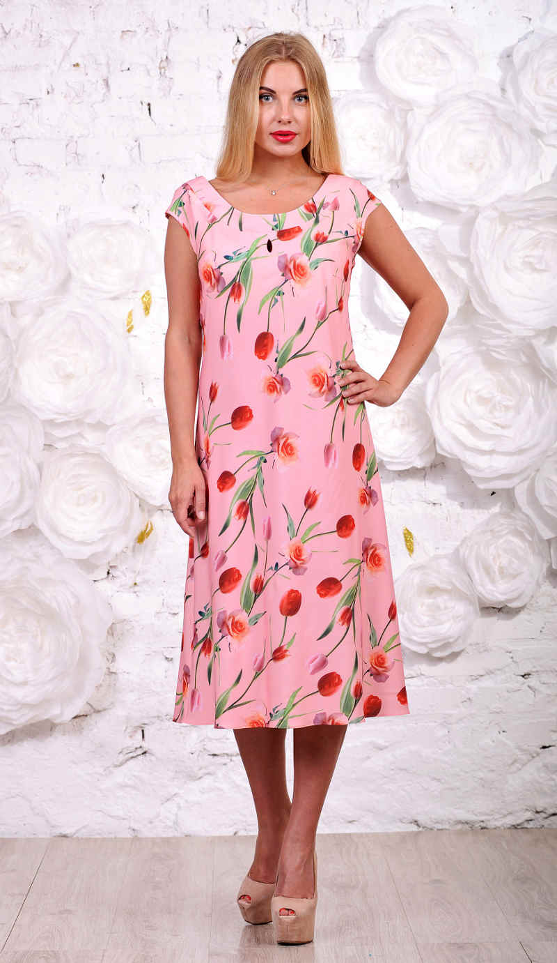 летнее розовое платье большого размера с тюльпанами фото