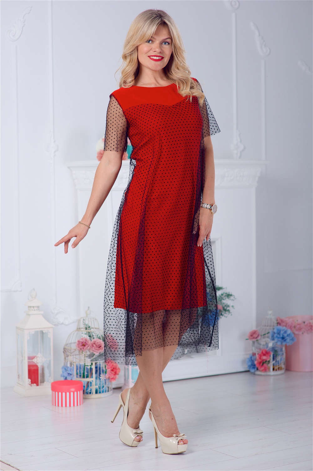 летнее платье большого размера красного цвета с сеточкой фото