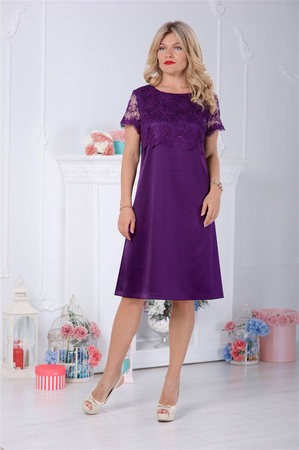 летнее платье большого размера ярко фиолетовое с кружевом фото