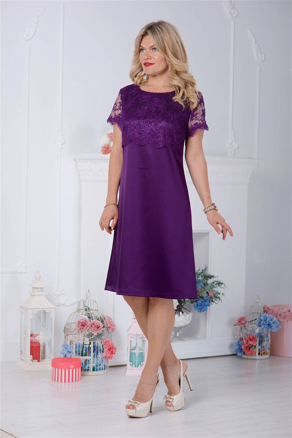 летнее платье большого размера ярко фиолетовое с кружевом фото