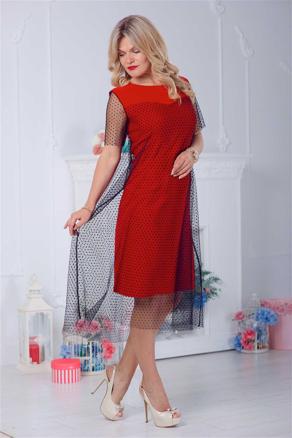 летнее платье большого размера красного цвета с сеточкой фото